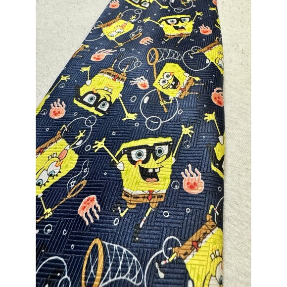 Y2K Nickelodeon SpongeBob SquarePants Neck Tie 2003 AOP Graphic Jellyfishing - Picture 2 of 6